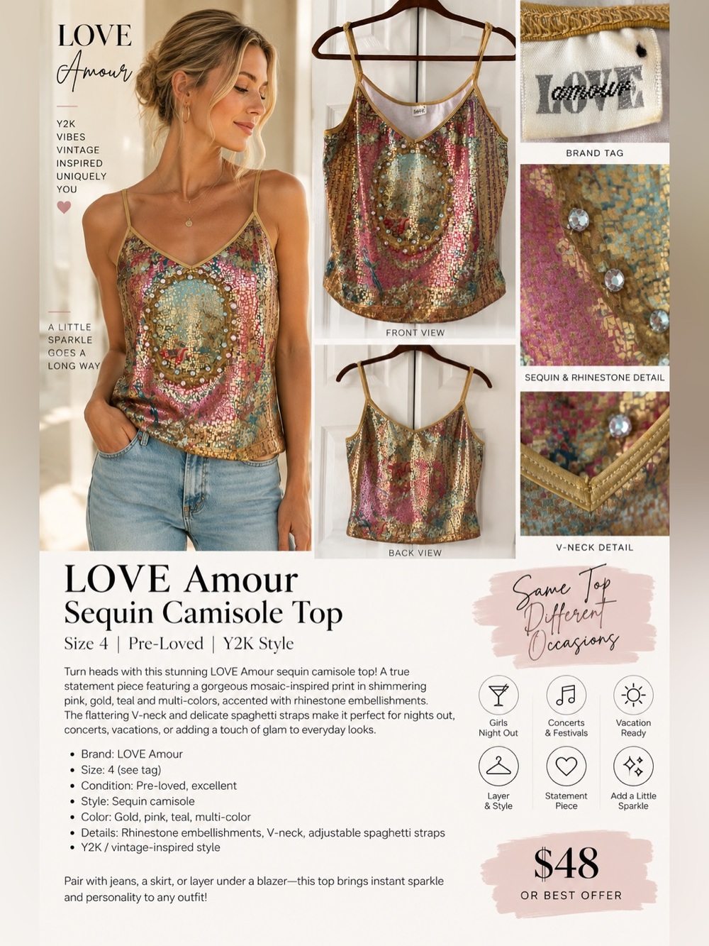 LOVE Amour Y2K Multicolor Sequin Rhinestone Cami Tank Top Size 4